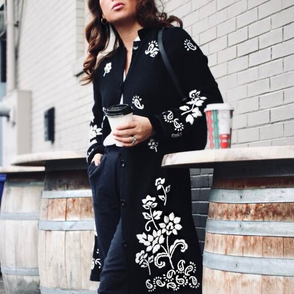 Vintage Josephine Chaus Cardigan Jacket L Black Long Embroidered Velvet Trim - Picture 2 of 16